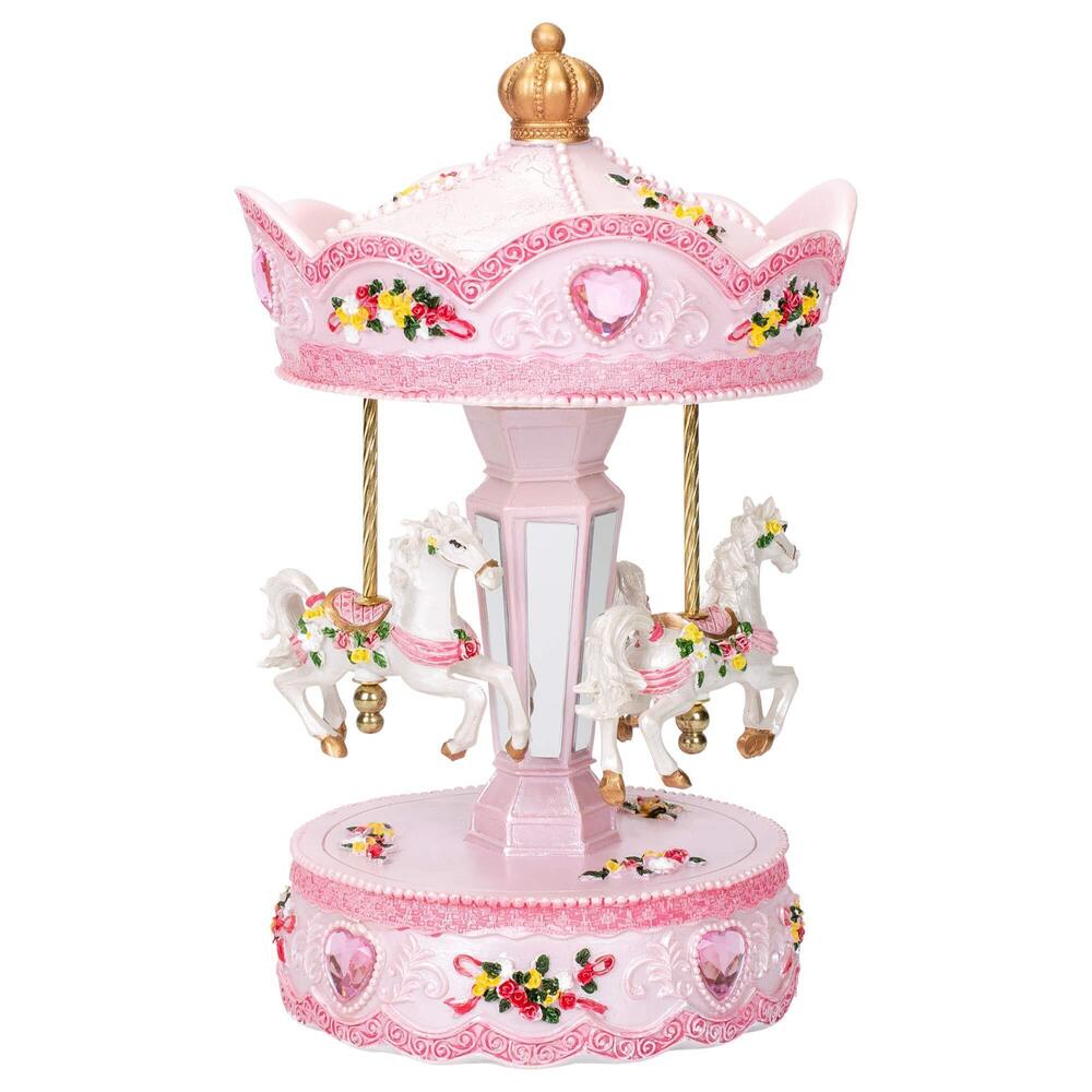 3807 Pink Rose Horse Musical Carousel 10 inch Rotating Figurine Plays Tune